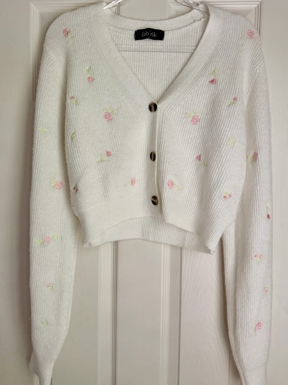 fab'rik White Cropped V-Neck Cardigan with Pink Floral Embroidery